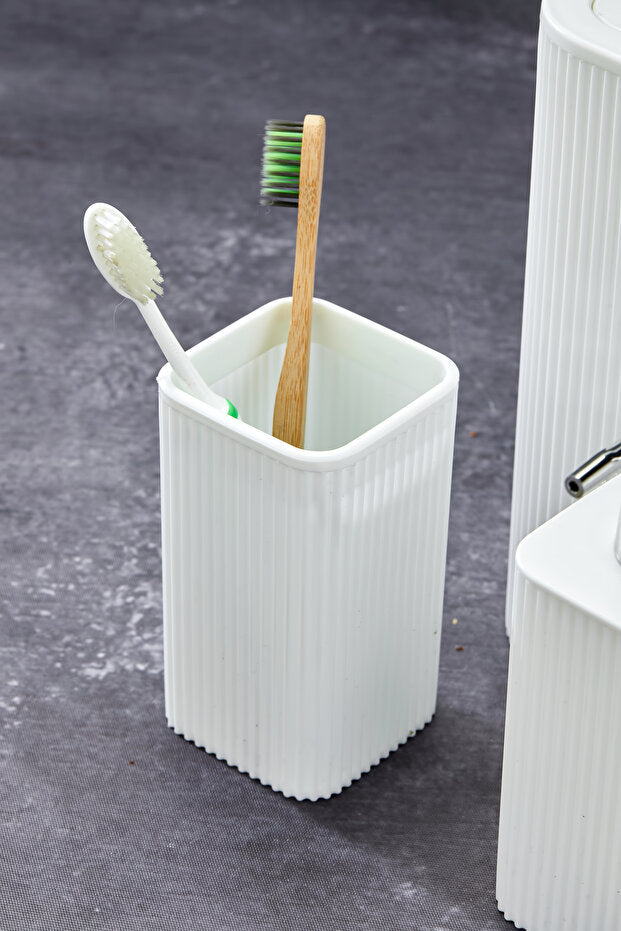 5 Parça Kare Banyo Seti - Çöp Kovası WC Fırçası Sıvı-Katı Sabunluk ve Diş Fırçası