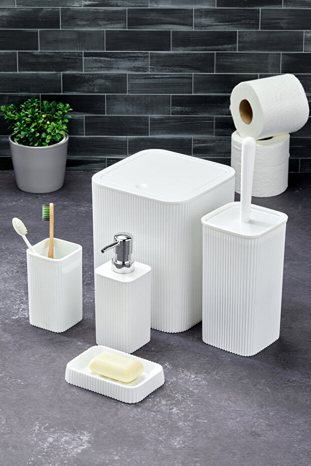 5 Parça Kare Banyo Seti - Çöp Kovası WC Fırçası Sıvı-Katı Sabunluk ve Diş Fırçası