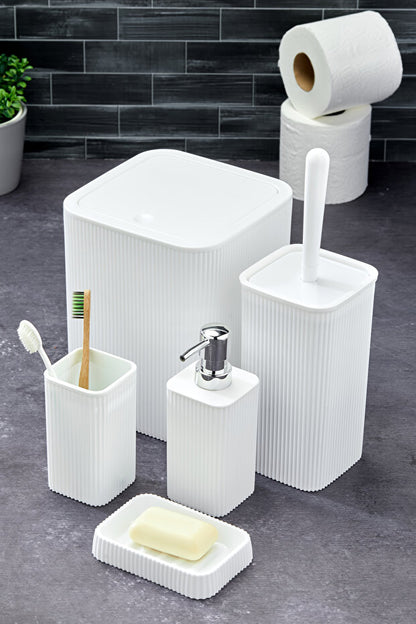 5 Parça Kare Banyo Seti - Çöp Kovası WC Fırçası Sıvı-Katı Sabunluk ve Diş Fırçası